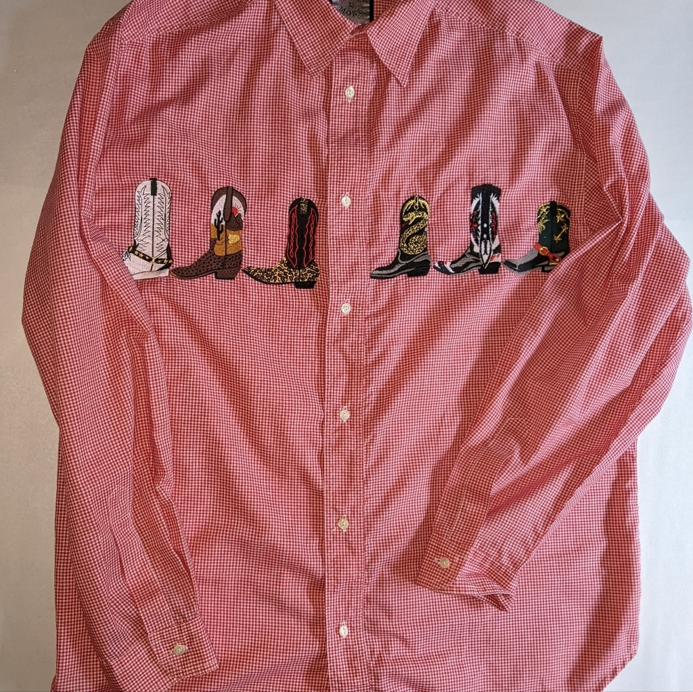 More & More Western Button Up Shirt Men SZ M Cowboy Boots Embroidered Red